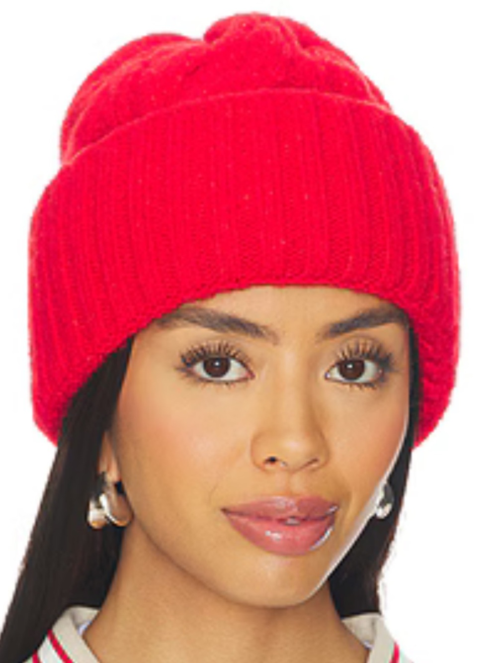Free People Coastline Beanie Red Chunky Ribbed Knit Oversized Cuff Winter